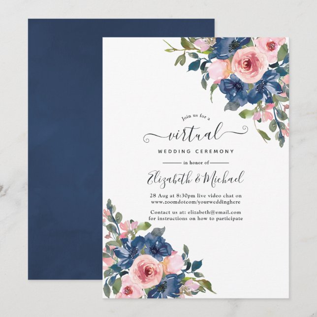Watercolor Navy and Blush Floral Virtual Wedding Invitation (Front/Back)