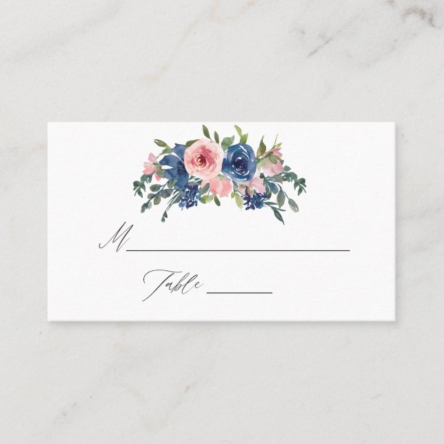 Watercolor Navy and Blush Floral Wedding Place Card (Front)