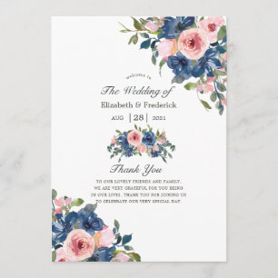 Watercolor Navy and Blush Floral Wedding Programme