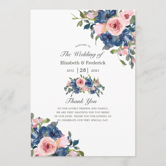 Watercolor Navy and Blush Floral Wedding Programme (Front)