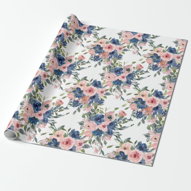 Watercolor Navy and Blush Floral Wrapping Paper (Unrolled)