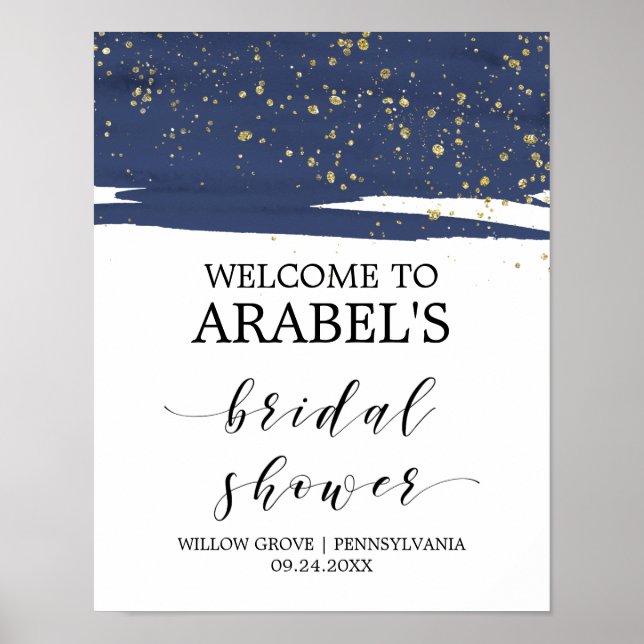 Watercolor Navy and Gold Bridal Shower Welcome Poster (Front)