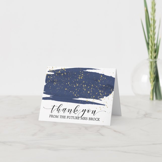 Watercolor Navy and Gold Future Mrs Thank You Card (Front)