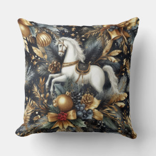 Watercolor Navy and Gold Horse Holiday Motifs Cushion