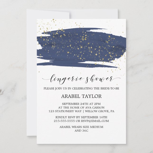 Watercolor Navy and Gold Sparkle Lingerie Shower Invitation (Front)