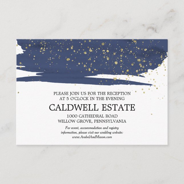 Watercolor Navy and Gold Wedding Reception Card (Front)