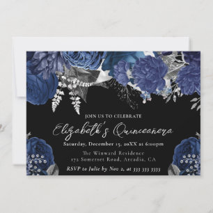 Watercolor Navy and Silver Roses Quinceanera Invitation