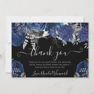Watercolor Navy and Silver Roses Sweet 16 Thank You Card