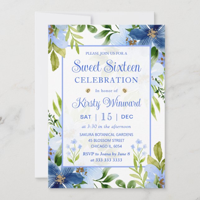 Watercolor Navy & Baby Blue Flowers Sweet Sixteen Invitation (Front)