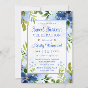 Watercolor Navy & Baby Blue Flowers Sweet Sixteen Invitation