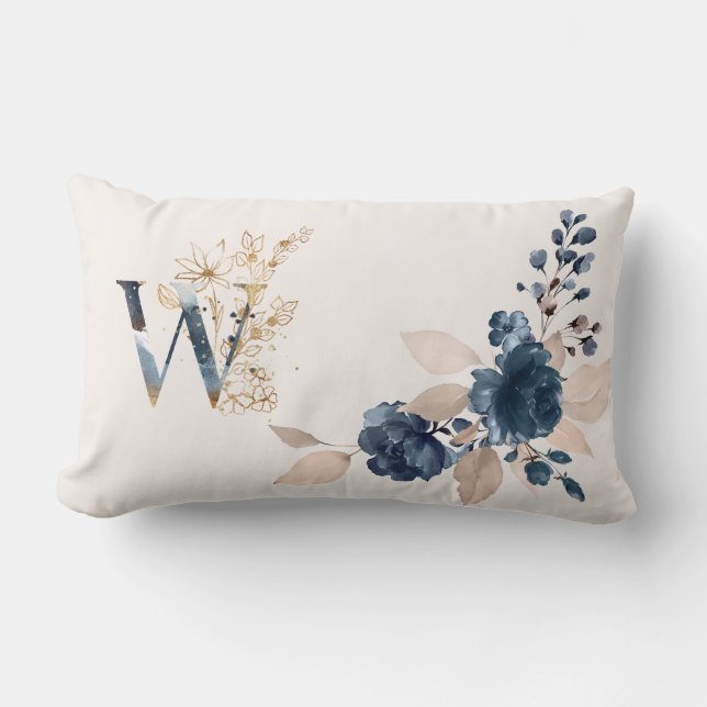 Watercolor Navy blue and golden rose Monogram Lumbar Cushion (Front)