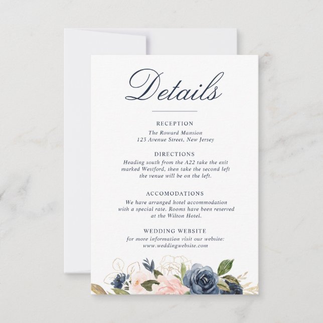 watercolor navy blue blush blooms wedding details RSVP card (Front)