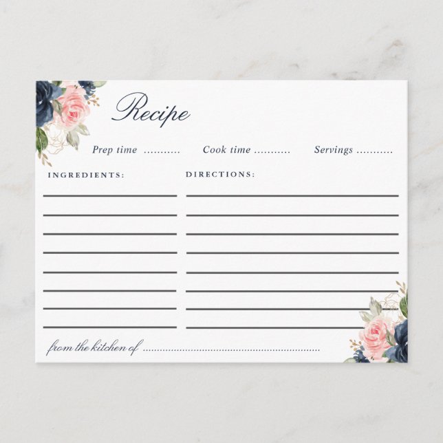 Watercolor navy blue blush pink floral recipe card (Front)