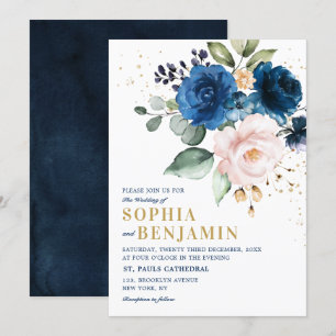 Watercolor Navy Blue Blush Rose Floral Wedding Invitation