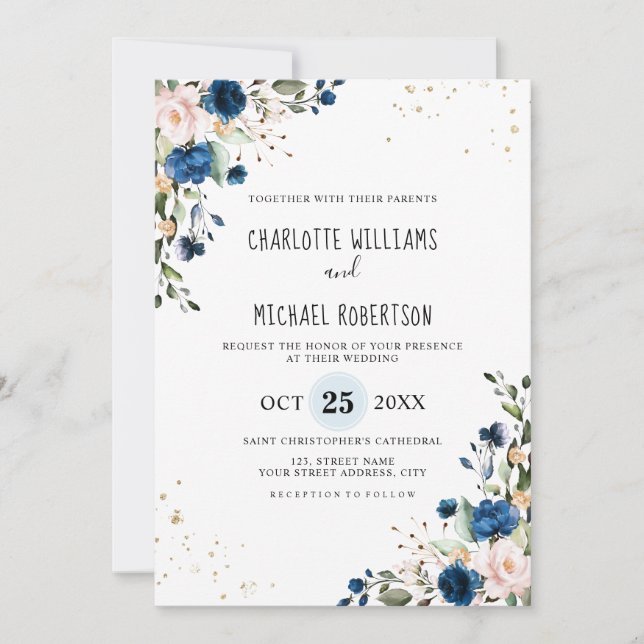 Watercolor Navy Blue Blush Rose Floral Wedding Invitation (Front)