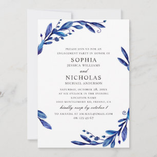 Watercolor navy blue botanical engagement party invitation