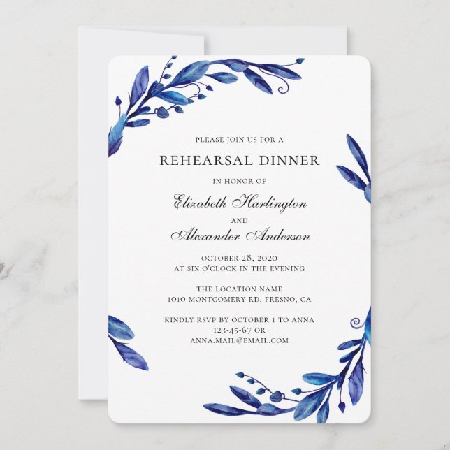 Watercolor navy blue botanical rehearsal dinner invitation (Front)