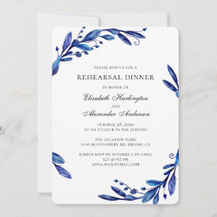 Watercolor navy blue botanical rehearsal dinner invitation