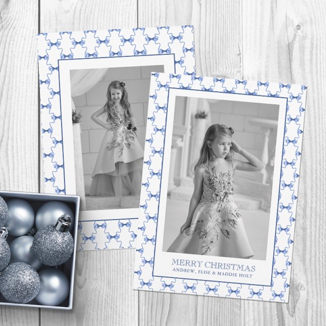 Watercolor Navy Blue Bows Christmas Photo Holiday Card (Creator Uploaded)