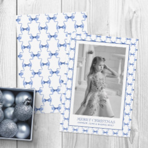 Watercolor Navy Blue Bows Christmas Photo Holiday Card