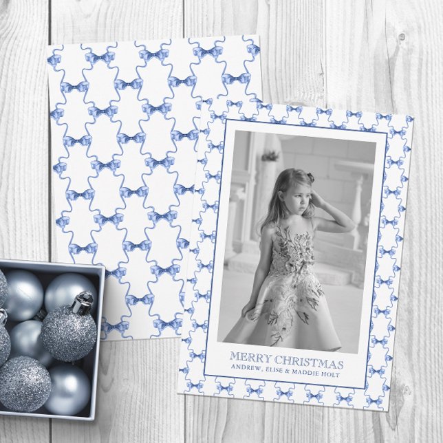 Watercolor Navy Blue Bows Christmas Photo Holiday Card (Creator Uploaded)