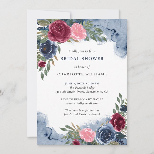 Watercolor Navy Blue Burgundy Blush Bridal Shower Invitation (Front)
