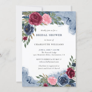 Watercolor Navy Blue Burgundy Blush Bridal Shower Invitation