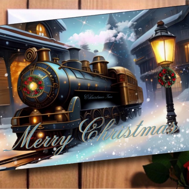 Watercolor Navy Blue Christmas Train Holiday Photo Card (Creator Uploaded)