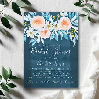 Watercolor Navy Blue Elegant Floral Bridal Shower Invitation