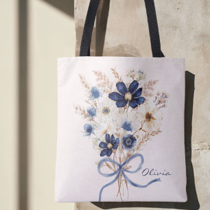 Watercolor Navy Blue Floral Bouquet Personalised Tote Bag