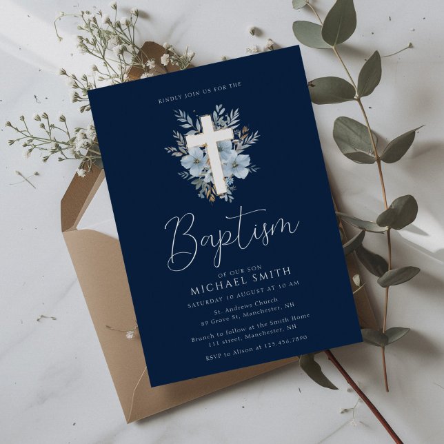 watercolor navy blue floral cross baptism invitation (Creator Uploaded)