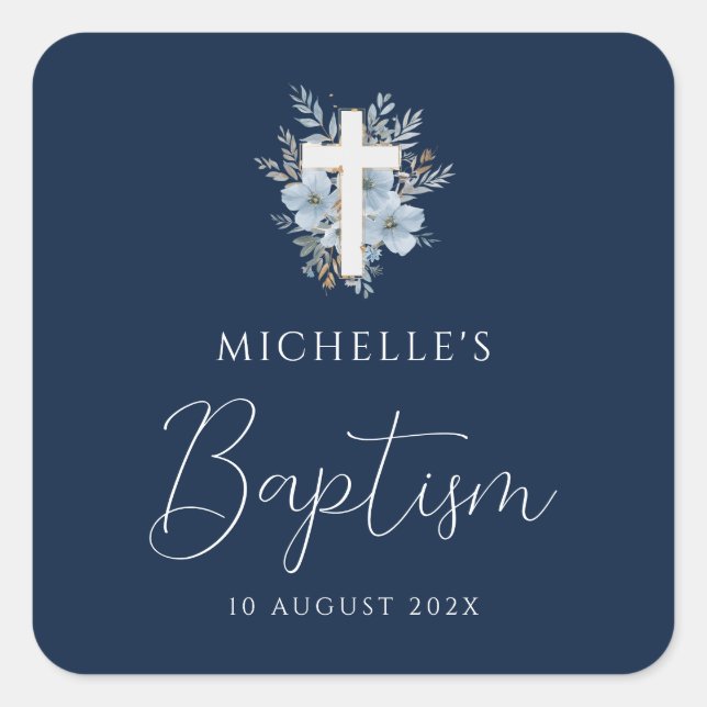watercolor navy blue floral cross baptism square sticker (Front)