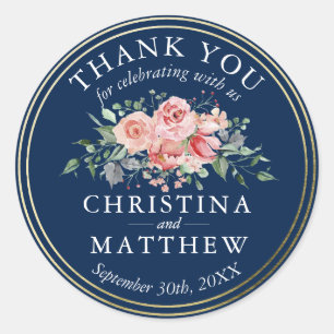 Watercolor Navy Blue Floral Gold Wedding Thank You Classic Round Sticker