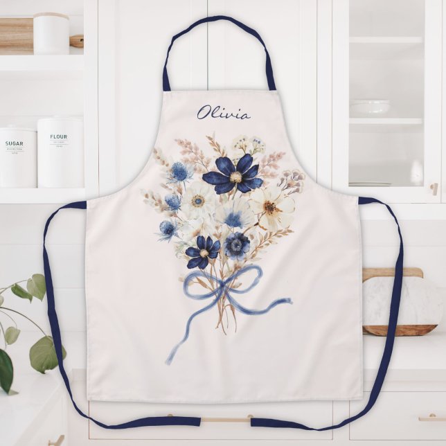 Watercolor Navy Blue Flower Bouquet Personalised Apron (Creator Uploaded)