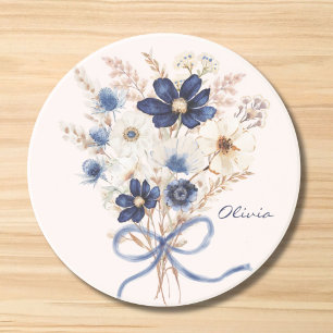 Watercolor Navy Blue Flower Bouquet Personalised Coaster
