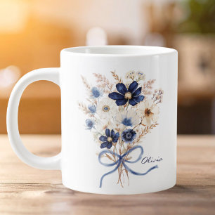 Watercolor Navy Blue Flower Bouquet Personalised Large Coffee Mug