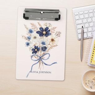 Watercolor Navy Blue Flower Bouquet Personalised Mini Clipboard