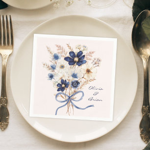 Watercolor Navy Blue Flower Bouquet Personalised Napkin