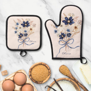 Watercolor Navy Blue Flower Bouquet Personalised Oven Mitt & Pot Holder Set
