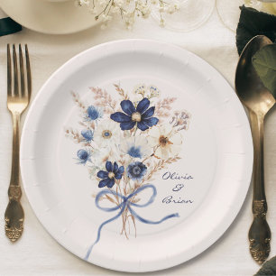Watercolor Navy Blue Flower Bouquet Personalised Paper Plate