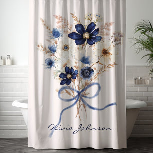 Watercolor Navy Blue Flower Bouquet Personalised Shower Curtain