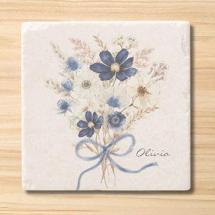Watercolor Navy Blue Flower Bouquet Personalised Stone Coaster