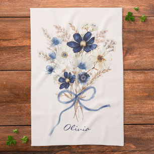 Watercolor Navy Blue Flower Bouquet Personalised Tea Towel