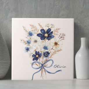 Watercolor Navy Blue Flower Bouquet Personalised Tile