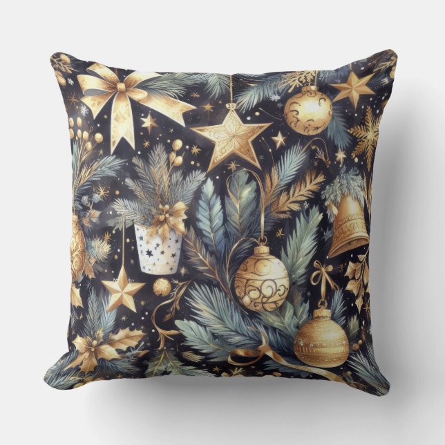 Watercolor Navy Blue Gold Christmas Motifs Holiday Cushion (Front)