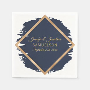 Watercolor Navy Blue Gold Frame Wedding Napkin