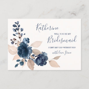 Watercolor navy blue & gold roses Be my Bridesmaid Invitation