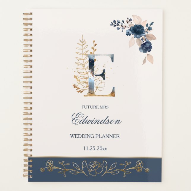 Watercolor navy blue & gold roses  Wedding Planner (Front)