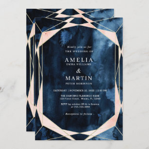 Watercolor Navy Blue Marble Gold Wedding Invitation