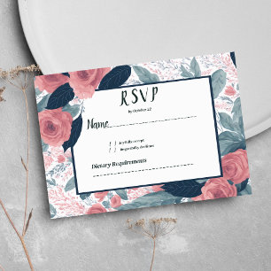 Watercolor navy blue mauve pink floral RSVP Invitation
